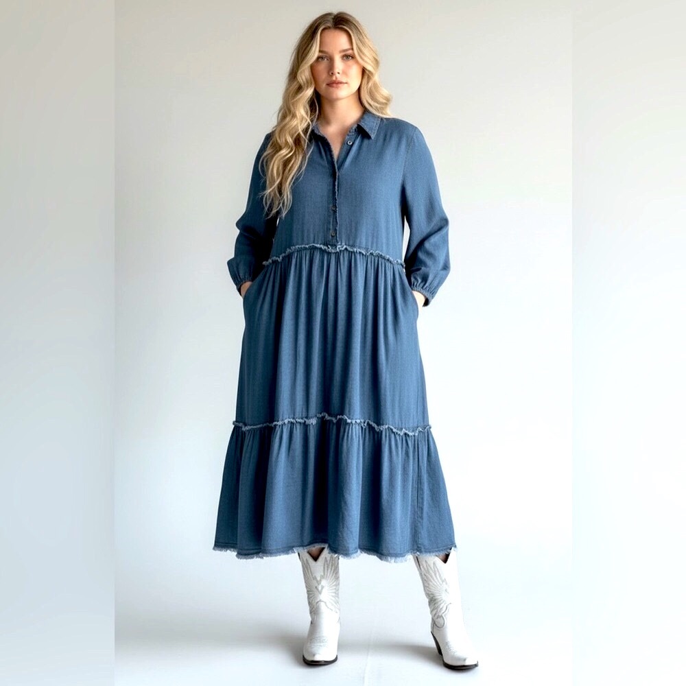Anthropologie “The Bettina” Tiered Boho Shirt Dress by Maeve: Dark Denim Edition - Picture 4 of 9